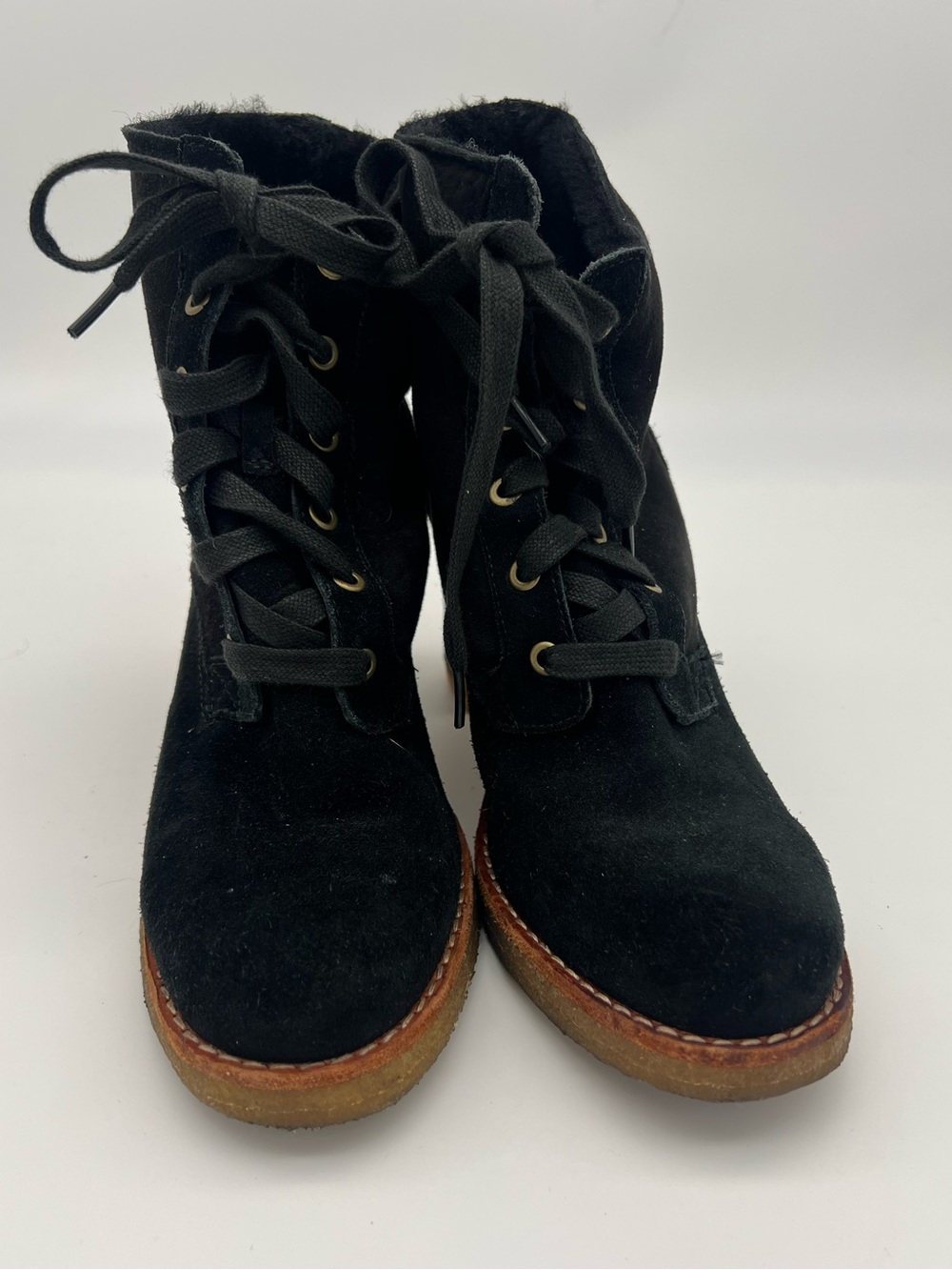 UGG Sofia black suede leather lace up boots chunky heel sheepskin women’s size 8 - Picture 5 of 8